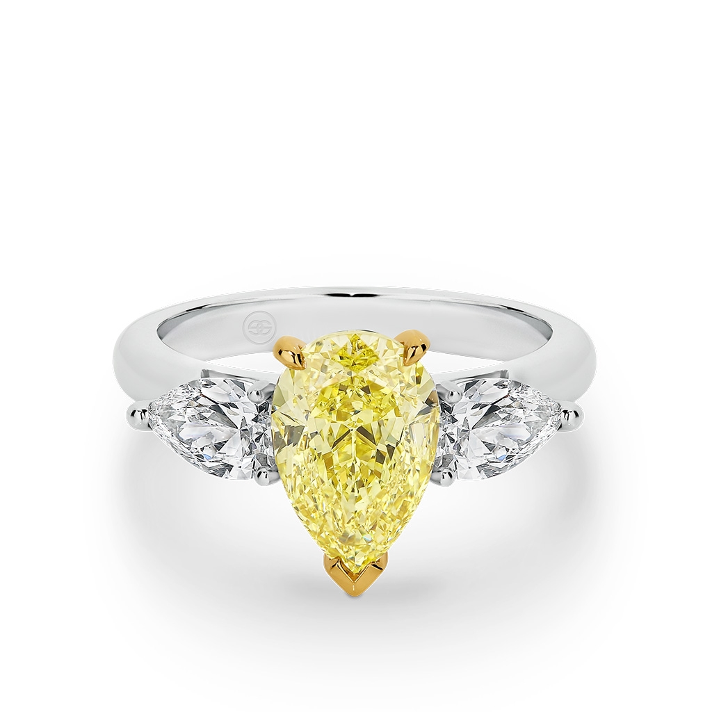 Trilogy Pear Shape Yellow & White Diamond Engagement Ring