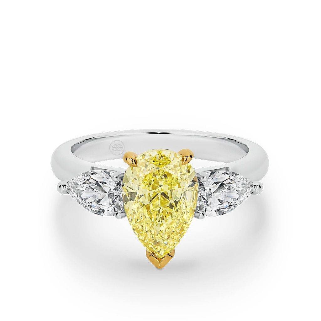 Trilogy Pear Shape Yellow &#038; White Diamond Engagement Ring