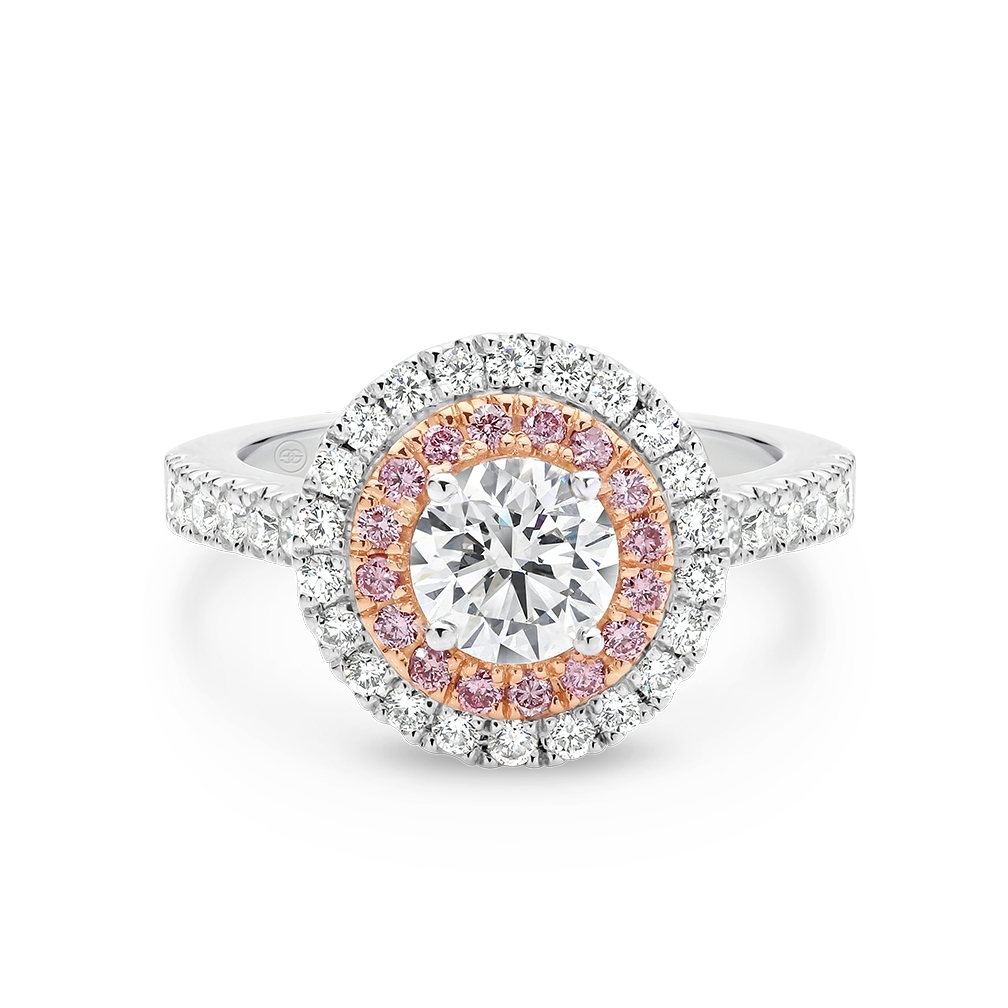 Round Brilliant White &#038; Pink Double Halo Diamond Engagement Ring