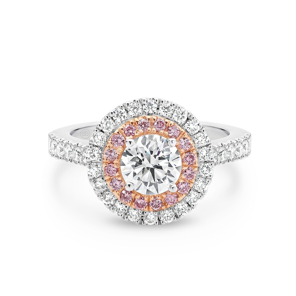 Round Brilliant White Pink Double Halo Diamond Engagement Ring