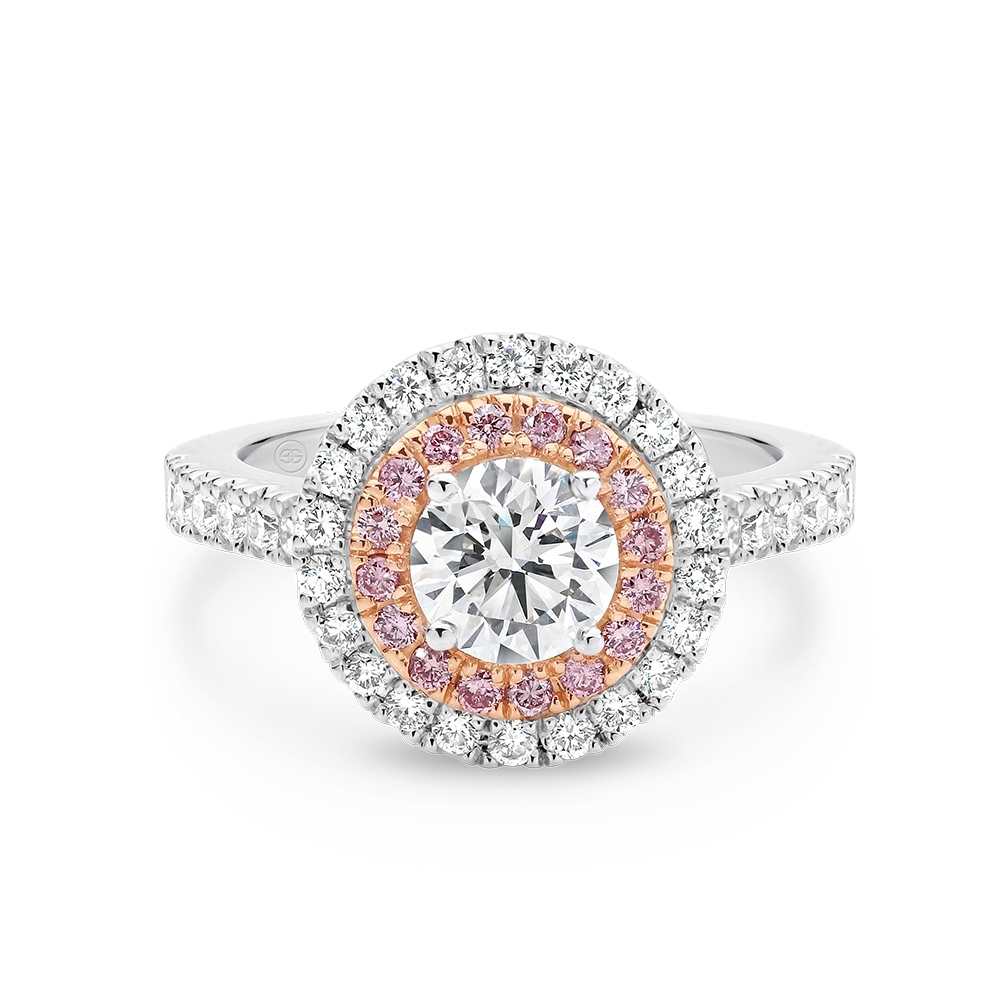 Round Brilliant White & Pink Double Halo Diamond Engagement Ring