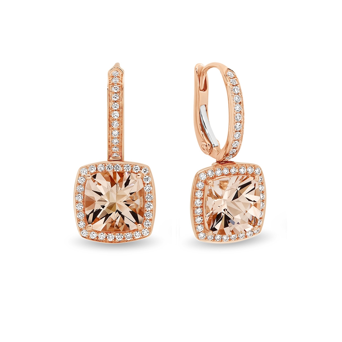 Tycoon Cushion Morganite & Diamond Halo Drop Earrings