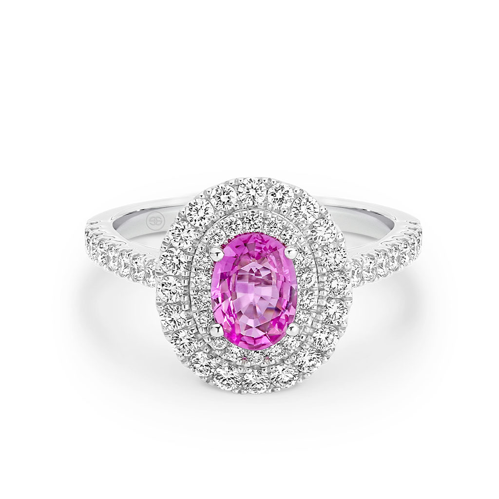 Pink Sapphire & Diamond Double Halo Ring