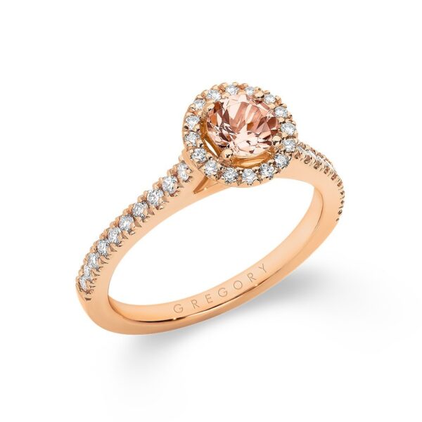 Morganite and Diamond Halo Ring with shoulder stones. customised to size. Model: A2120
