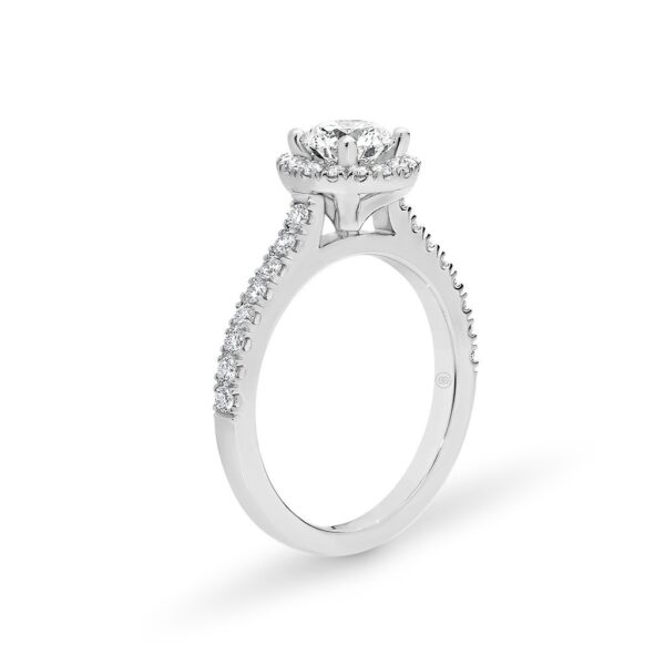Round Brilliant Halo Diamond Engagement Ring in white gold or palladium with shoulder stones. side view. Model: A2287