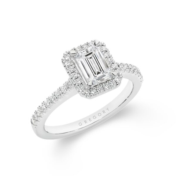 Emerald Cut Halo Diamond Engagement Ring - Side view. Model: A2414