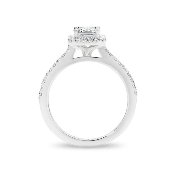 Emerald Cut Halo Diamond Engagement Ring - Side view. Model: A2414