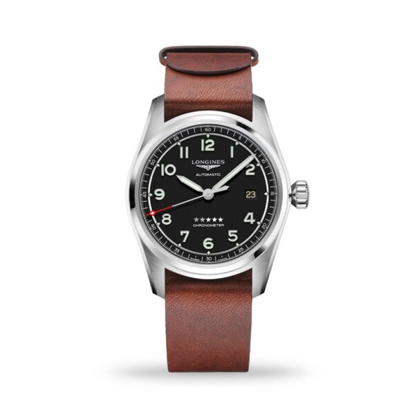 Longines Spirit 40mm watch, brown leather strap. Model: L38104539