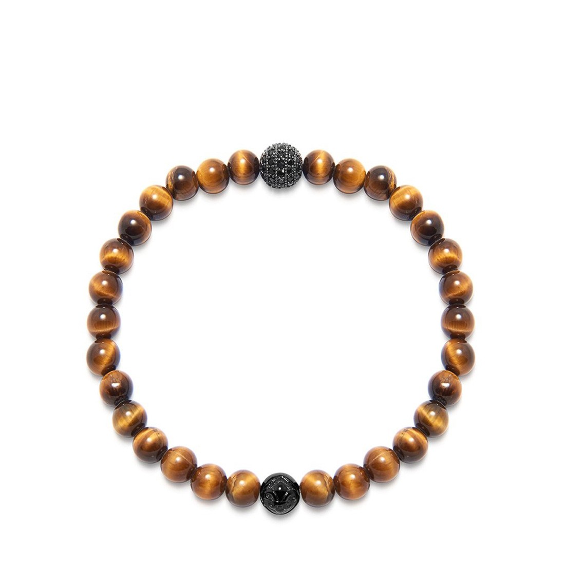 Nialaya Men's Wristband with Brown Tiger Eye and Black CZ