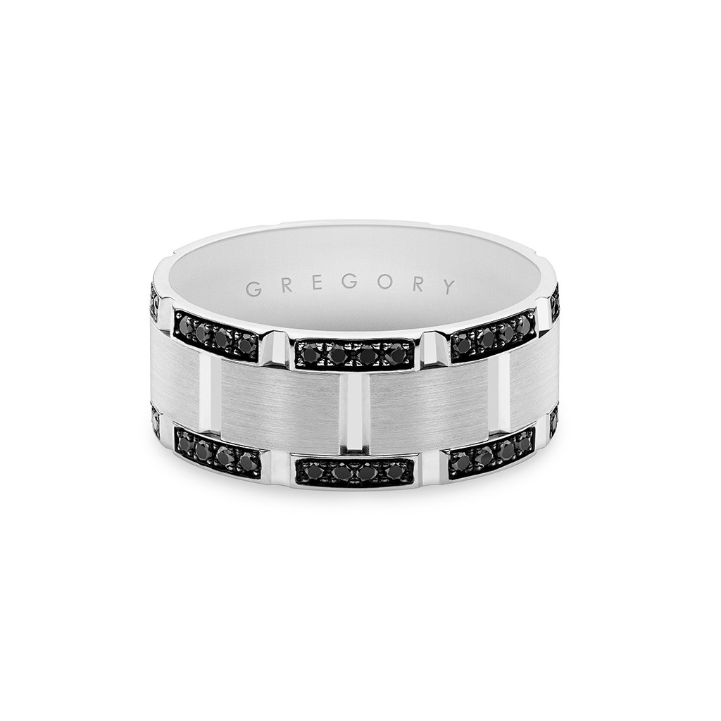 White Gold Mens Block Patterned Double Row Black Diamond Band