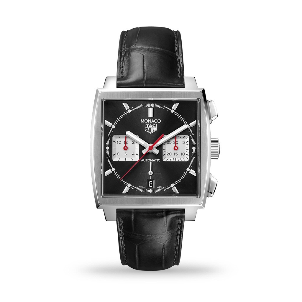 TAG Heuer Monaco Automatic 39mm Black Dial Black Leather Strap