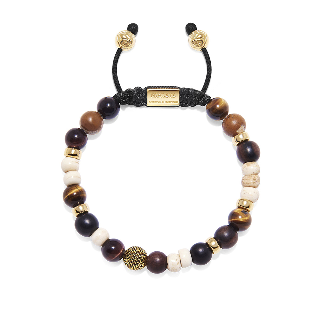 Nialaya Men&#8217;s Beaded Bracelet with Ebony, Bone and Jasper Beads