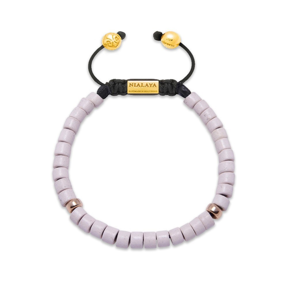 Nialaya Men&#8217;s Beaded Bracelet with White Ceramic and Gold