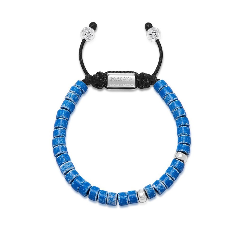 Nialaya Men's Beaded Bracelet with Blue Ceramic and Silver Beads