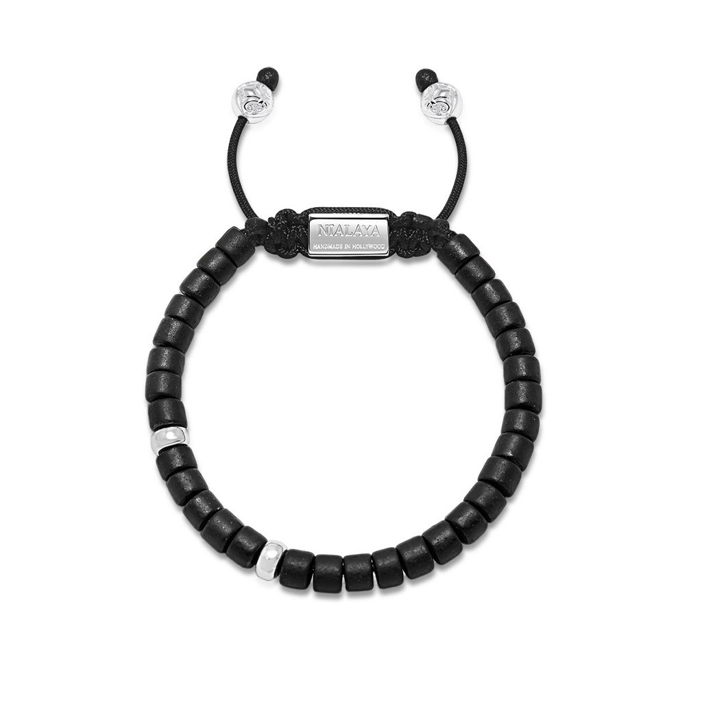 Nialaya Men's Beaded Bracelet with Black Ceramic and Sterling Silver Beads