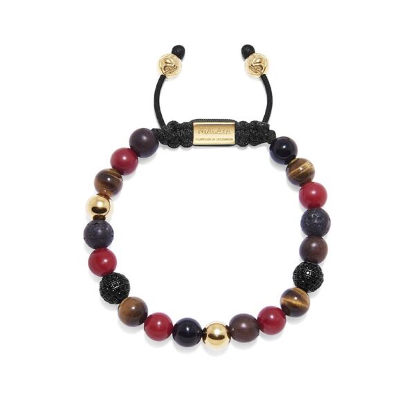 Nialaya Red Jade, Brown Tiger Eye, Lava Stone, Agate, and Ebony Black CZ beaded bracelet MCZ8_005