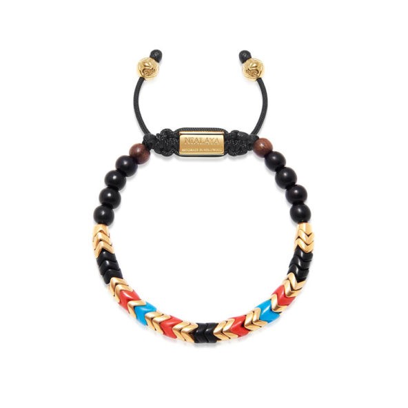 Nialaya Men's Snake Bead Bracelet - Black, Gold, Turquoise and Red
