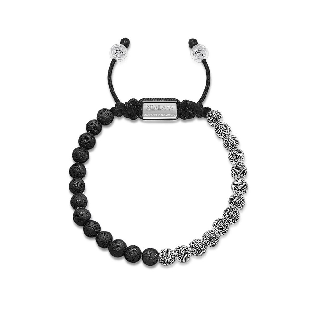 Nialaya Men&#8217;s Beaded Bracelet with Lava Stone and Indian Silver Cairo Beads