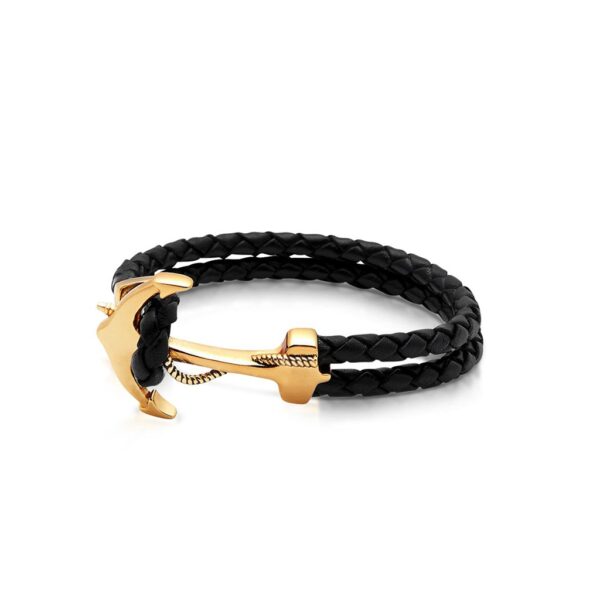 Nialaya Men's Black Leather Bracelet with Gold Anchor | MLTHCO_151