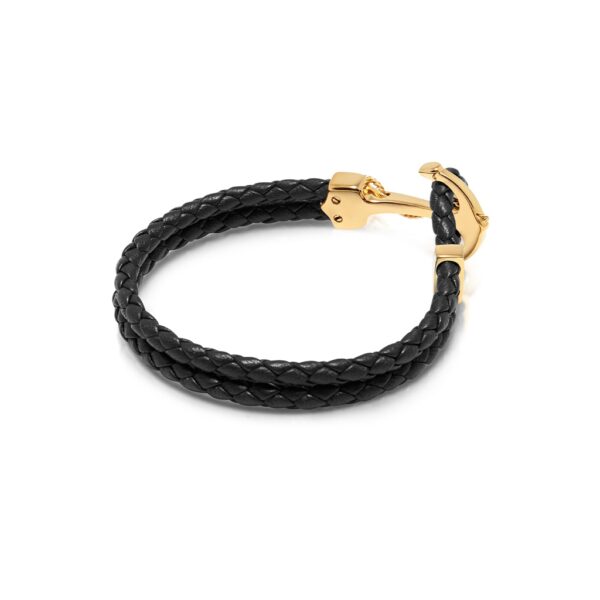 Nialaya Men's Black Leather Bracelet with Gold Plated Anchor