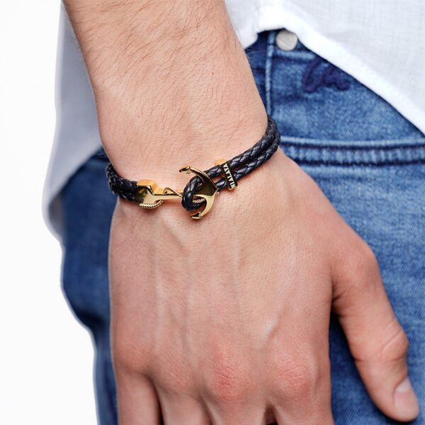 Nialaya Men's Black Leather Bracelet with Gold Anchor | MLTHCO_151