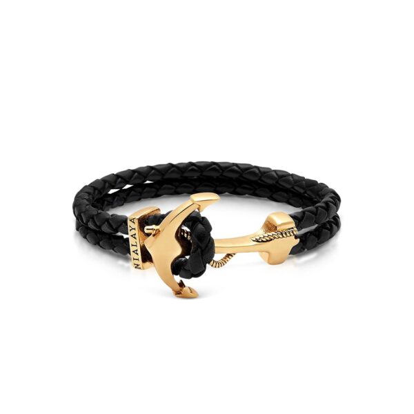Nialaya Men's Black Leather Bracelet with Gold Plated Anchor