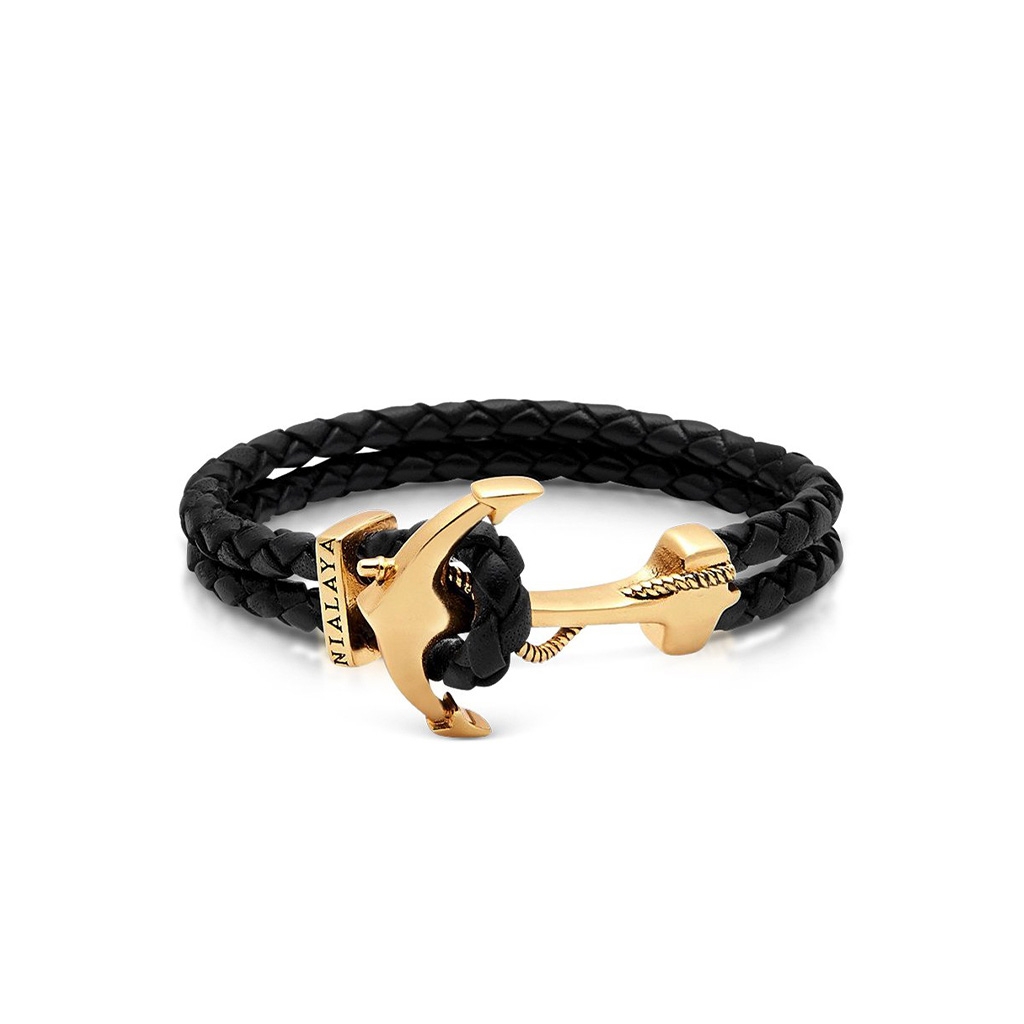 Nialaya Men&#8217;s Black Leather Bracelet with Gold Plated Anchor