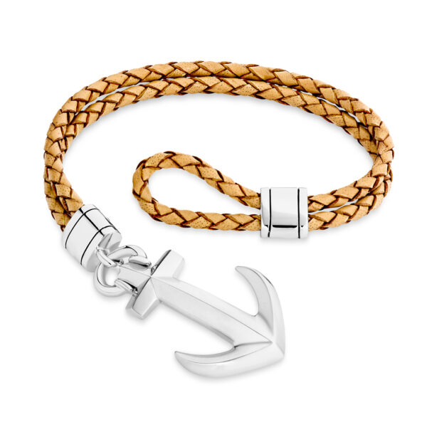 Mr Gregory Sterling Silver Anchor Beige Leather Bracelet | MRG-BR1
