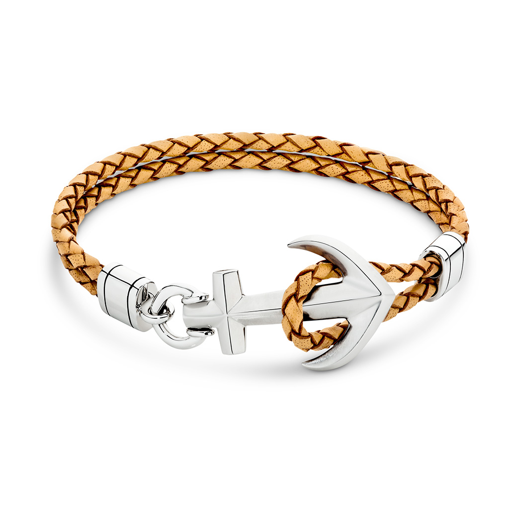 Sterling Silver Anchor Beige Leather Bracelet