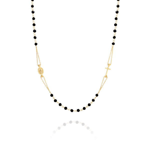 Faith Jewellery Collection Miraculous Medal & Cross Black Agate Necklace in Yellow Gold