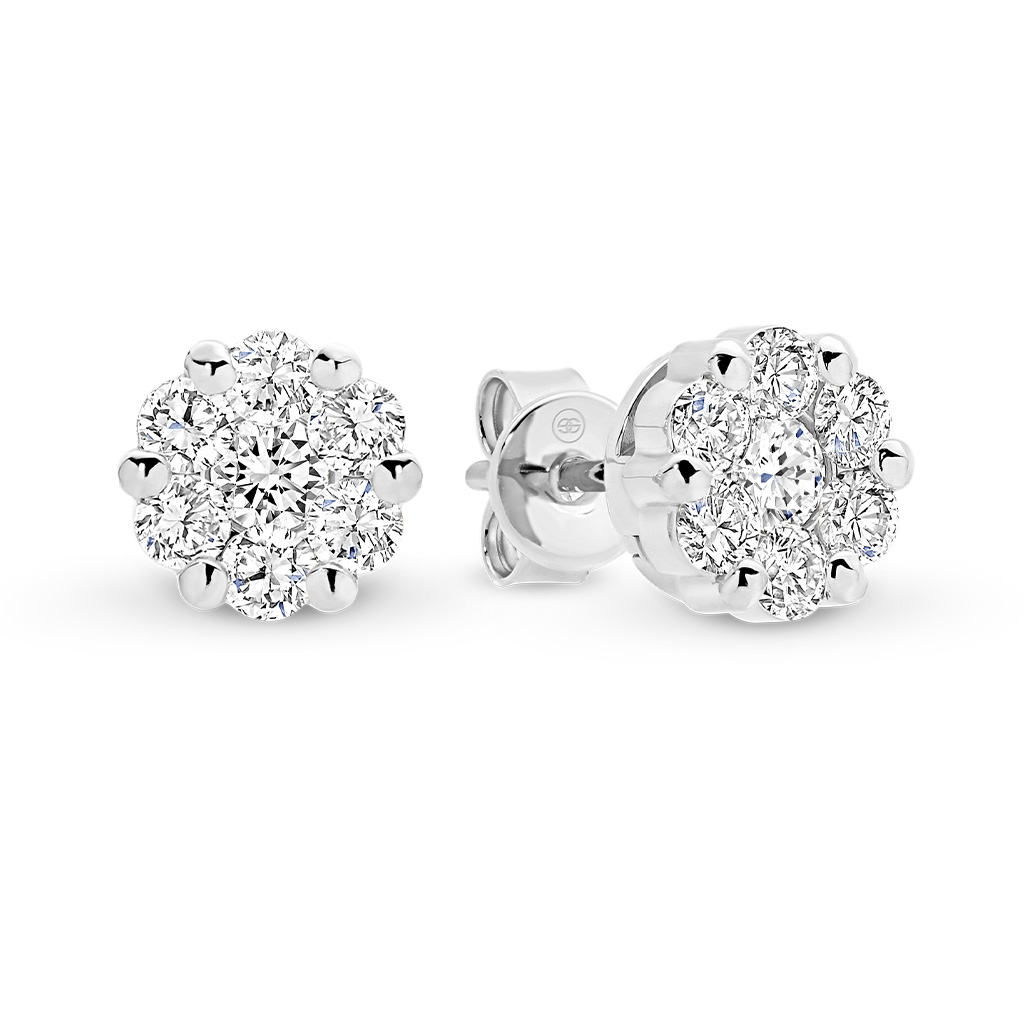 Classic Cluster Diamond Stud Earrings in White Gold