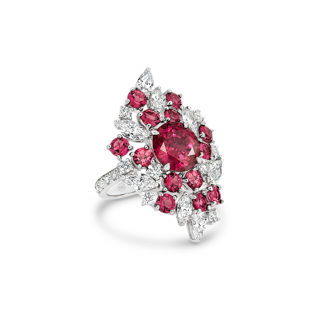 Rubellite and Diamond Round and Marquise Cocktail Ring