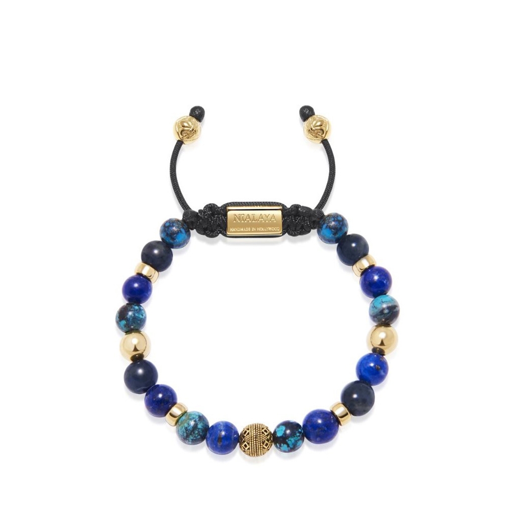 Nialaya Men's Beaded Bracelet with Blue Lapis, Blue Dumortierite and Bali Turquoise