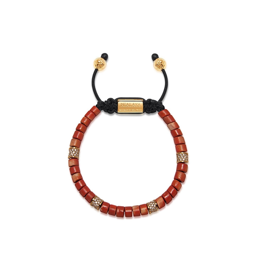 Nialaya Men&#8217;s Beaded Bracelet with Red Ceramic Beads and CZ