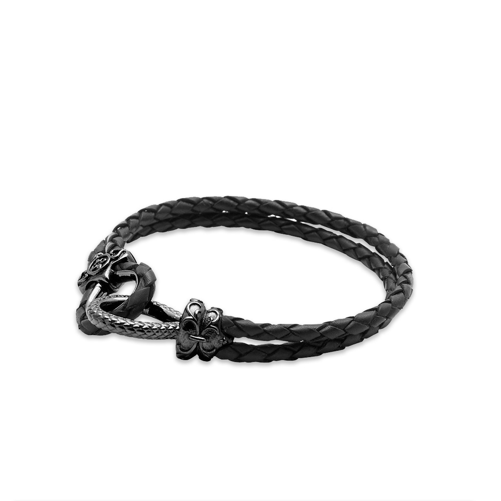 Nialaya Men's Black Leather Bracelet with Black Rhodium Plated Hook Clasp