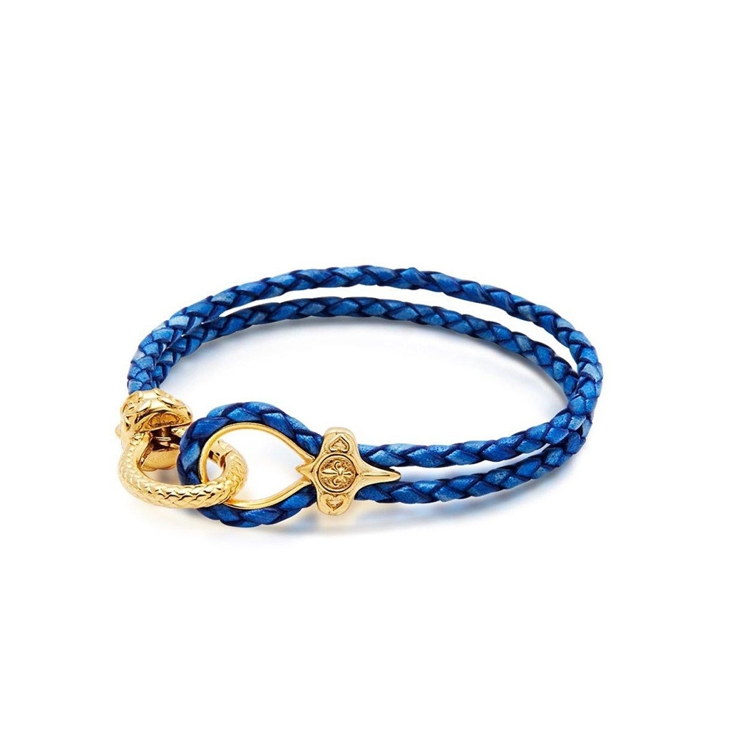 Nialaya Men&#8217;s Blue Leather Bracelet with Gold Plated Hook Clasp