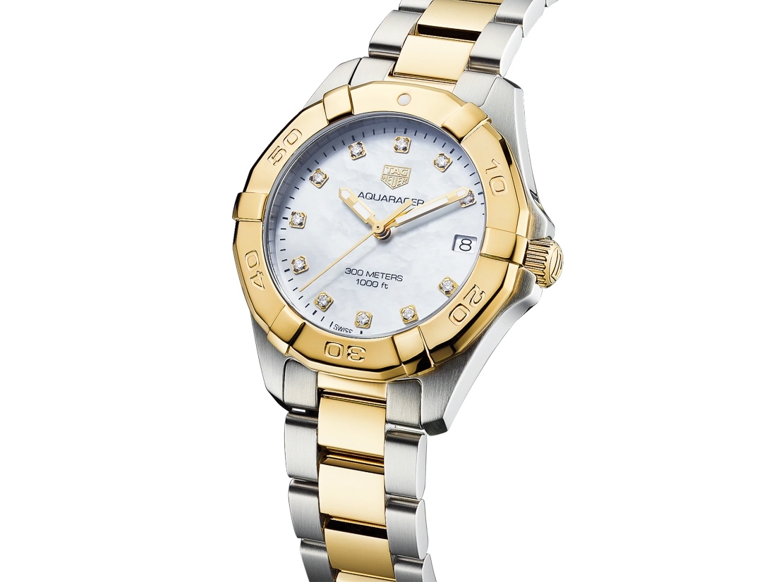 TAG Heuer Aquaracer Quartz White mother-of-pearl Gold Plated 32mm bracelet | WBD1322.BB0320