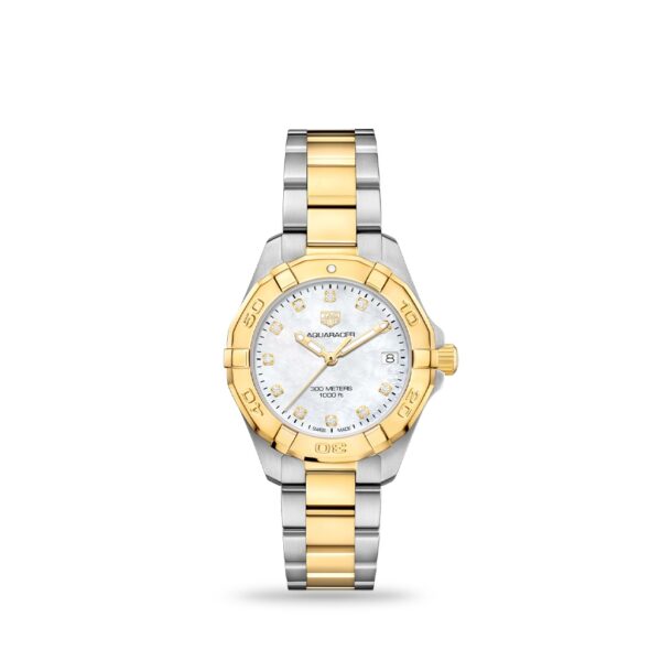 TAG Heuer Aquaracer Quartz White mother-of-pearl Gold Plated 32mm bracelet | WBD1322.BB0320