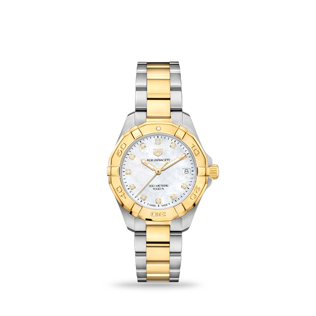 TAG Heuer Aquaracer Quartz White mother-of-pearl Gold Plated 32mm bracelet