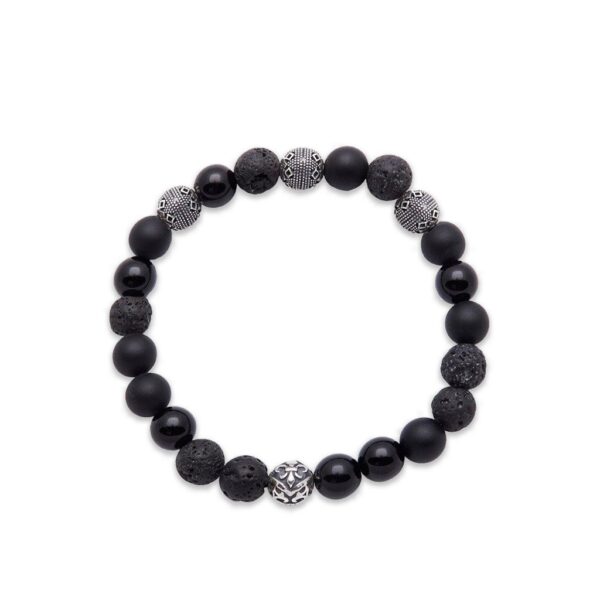 Nialaya Men’s Wristband with Lava Stone, Onyx, Agate and Silver Cairo Beads