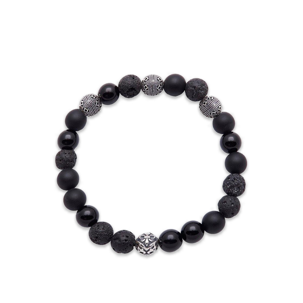 Nialaya Men's Wristband with Lava Stone, Onyx, Agate and Silver Cairo Beads