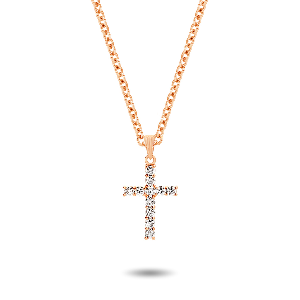 18K Rose Gold Claw Set Diamond Pointed Cross Pendant - Large