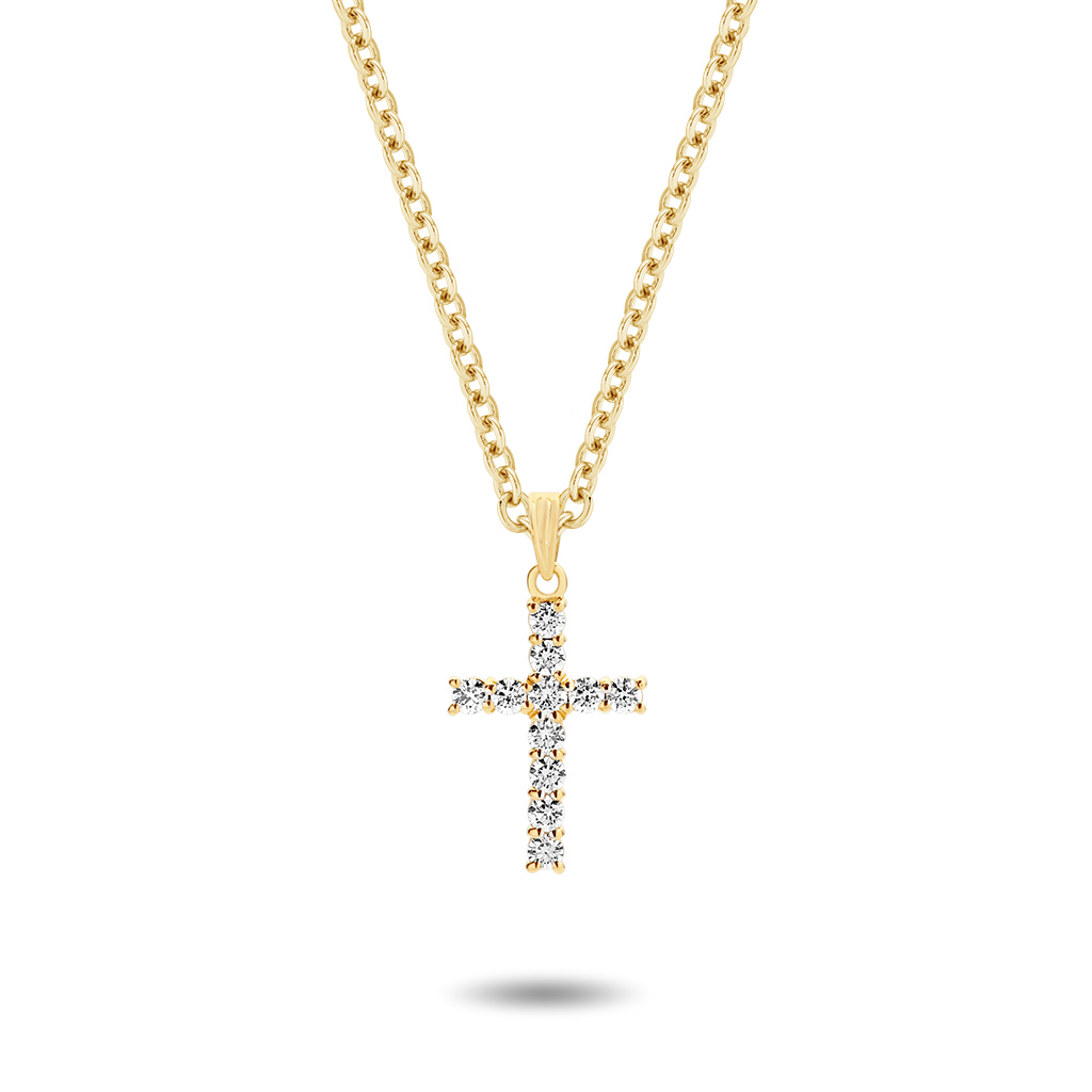 18K Yellow Gold Claw Set Diamond Pointed Cross Pendant - Large