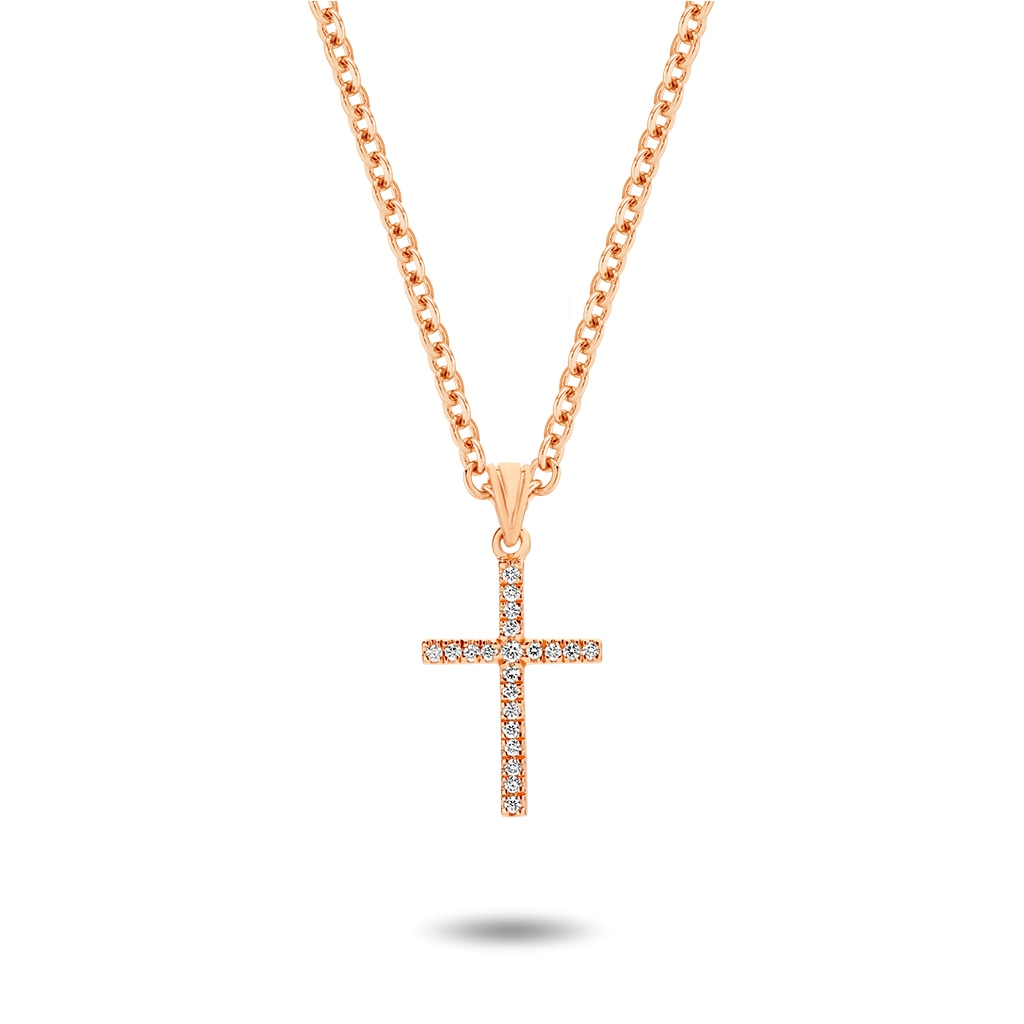 18K Rose Gold Claw Set Diamond Cross Pendant - Small