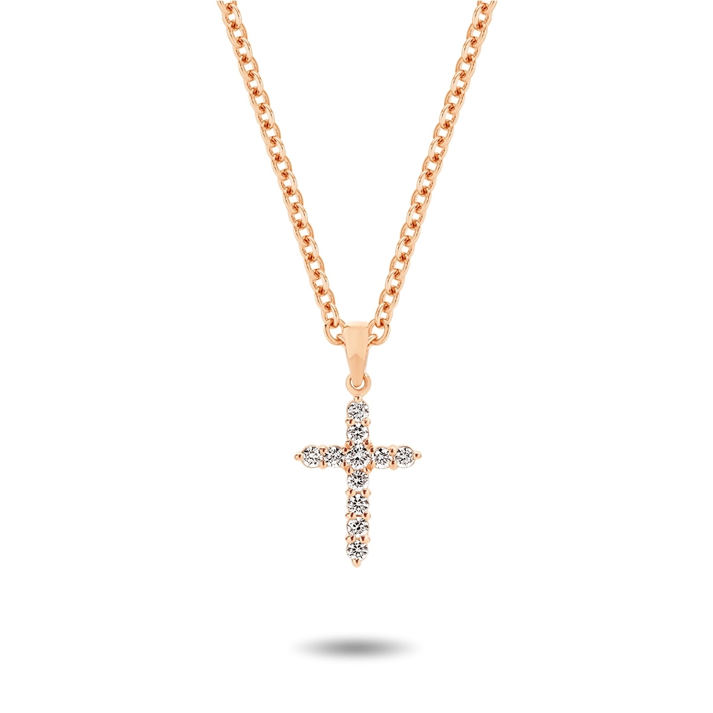 18K Rose Gold Claw Set Diamond Pointed Cross Pendant &#8211; Small