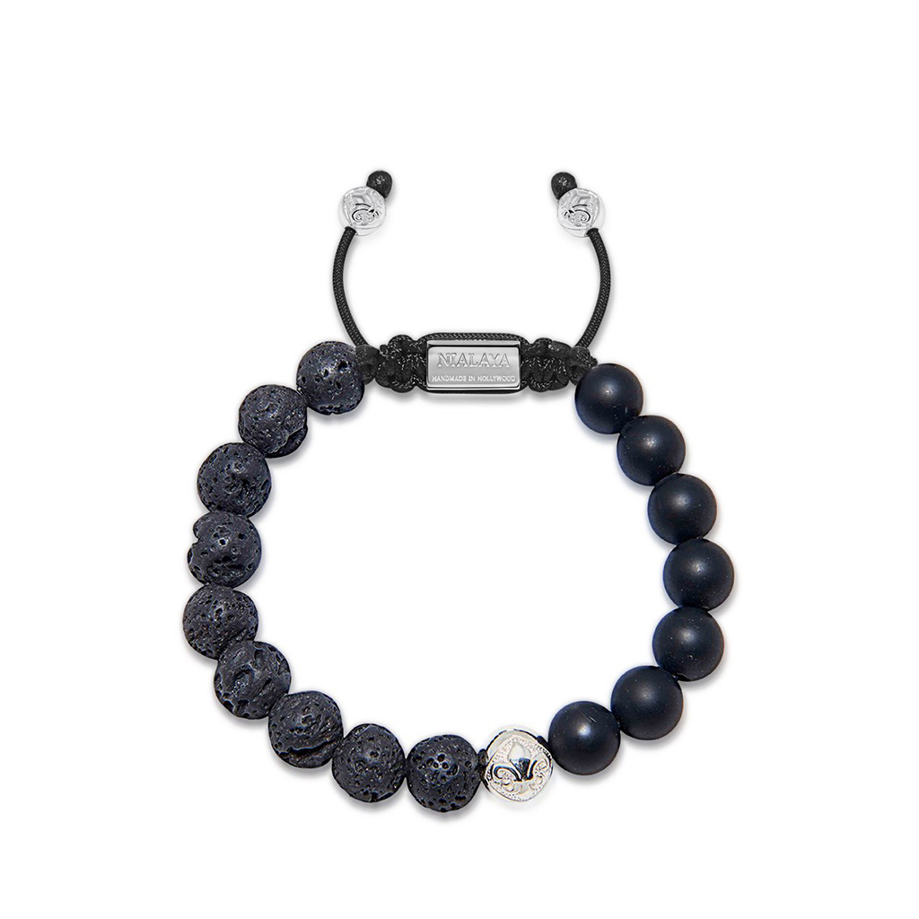 Nialaya Men's Beaded Bracelet with Matte Onyx and Lava Stone