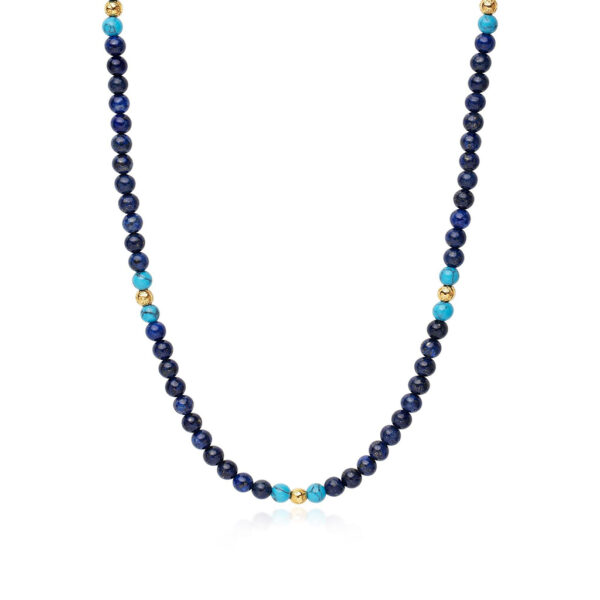 Nialaya Beaded Necklace with Blue Lapis, Bali Turquoise and Gold | MNEBAS_053