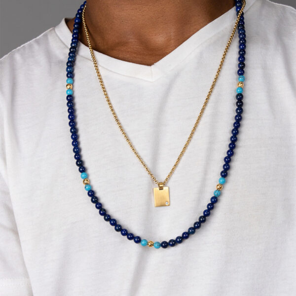 Nialaya Beaded Necklace with Blue Lapis, Bali Turquoise and Gold | MNEBAS_053