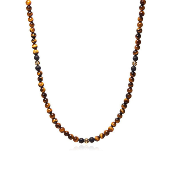 Nialaya Beaded Necklace with Brown Tiger Eye, Matte Onyx and Gold | MNEBAS_055