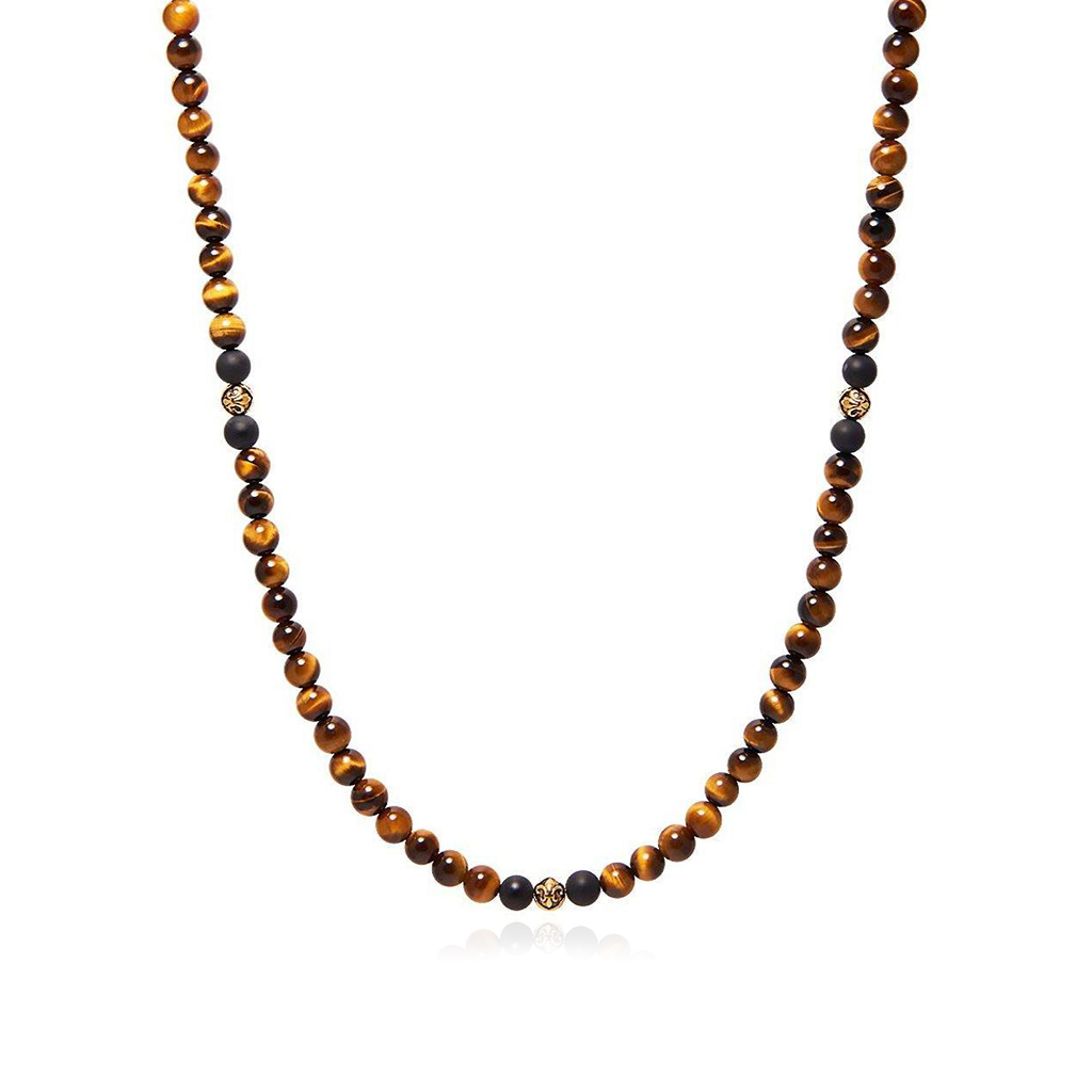 Nialaya Beaded Necklace with Brown Tiger Eye and Matte Onyx
